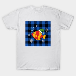 Xmas Tropical Fish Cartoon on Blue Buffalo Pattern T-Shirt